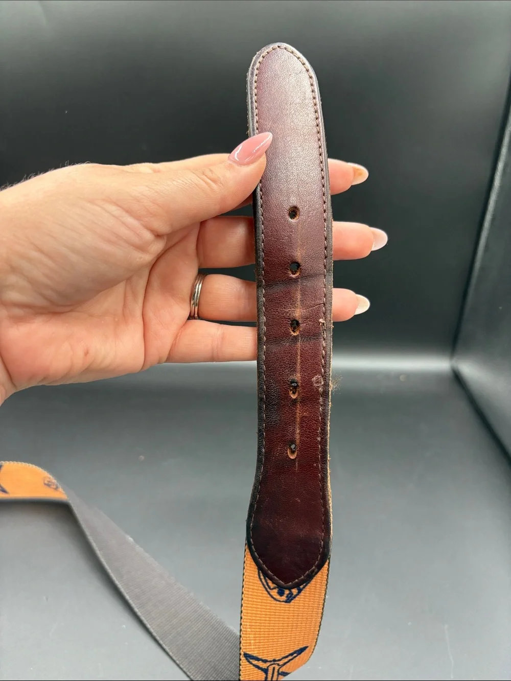 True Flies Fish-Print Belt with Leather Trim size 34
